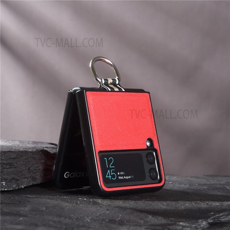 Litchi Texture Genuine Leather Coated Hard PC Phone Case Shell with Metal Finger Ring for Samsung Galaxy Z Flip3 5G - Black-10