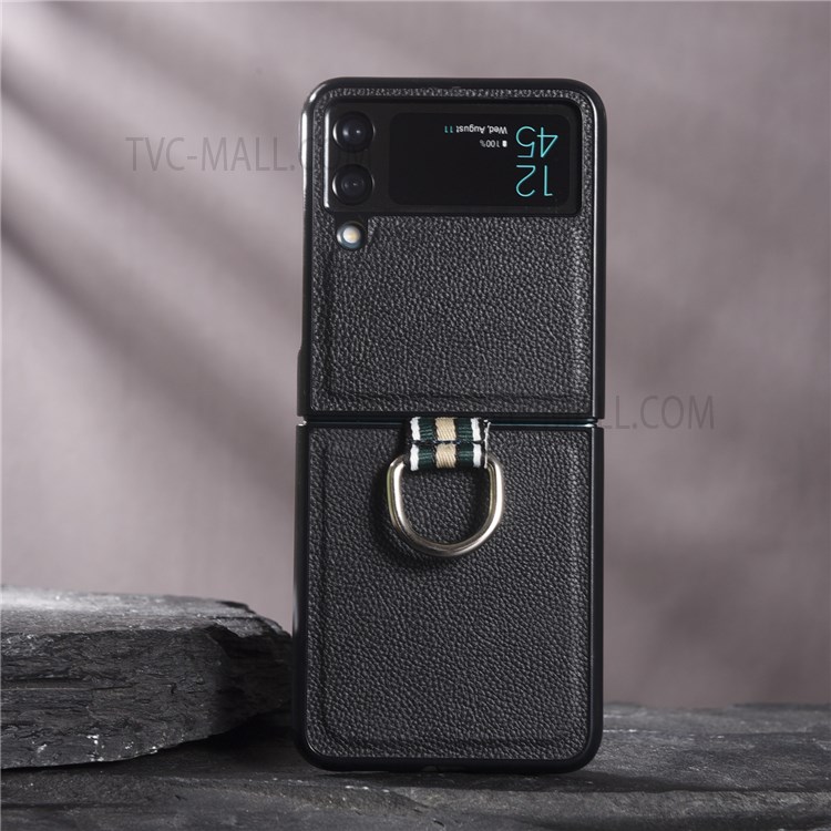 Litchi Texture Genuine Leather Coated Hard PC Phone Case Shell with Metal Finger Ring for Samsung Galaxy Z Flip3 5G - Black-2