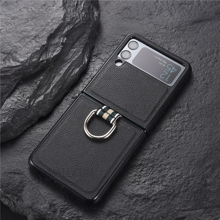 Litchi Texture Genuine Leather Coated Hard PC Phone Case Shell with Metal Finger Ring for Samsung Galaxy Z Flip3 5G - Black-3