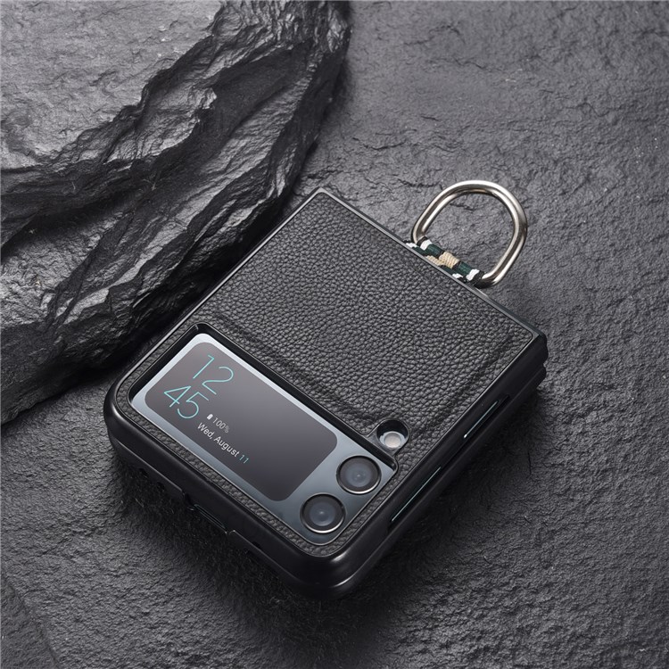 Litchi Texture Genuine Leather Coated Hard PC Phone Case Shell with Metal Finger Ring for Samsung Galaxy Z Flip3 5G - Black-4