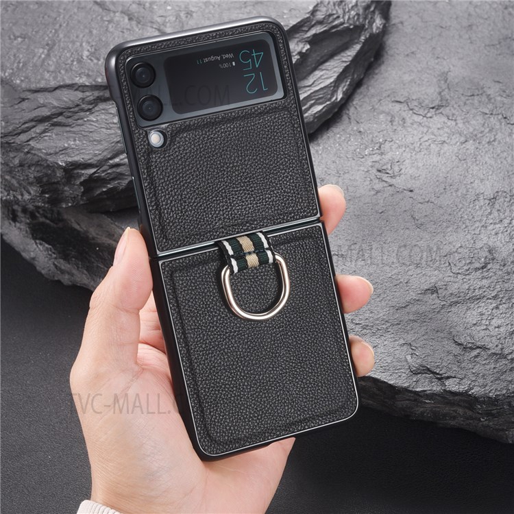 Litchi Texture Genuine Leather Coated Hard PC Phone Case Shell with Metal Finger Ring for Samsung Galaxy Z Flip3 5G - Black-5