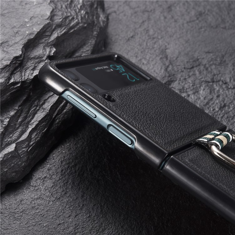 Litchi Texture Genuine Leather Coated Hard PC Phone Case Shell with Metal Finger Ring for Samsung Galaxy Z Flip3 5G - Black-8