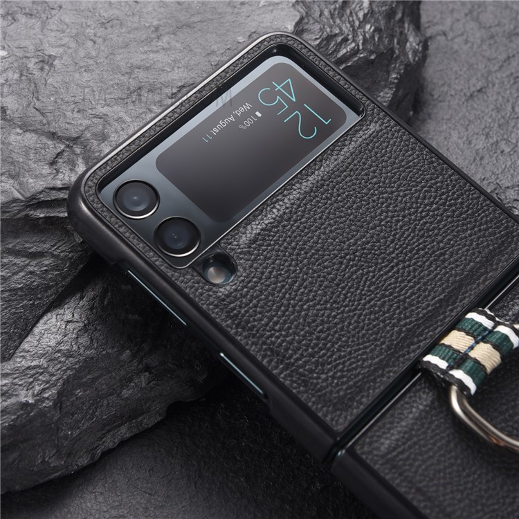 Litchi Texture Genuine Leather Coated Hard PC Phone Case Shell with Metal Finger Ring for Samsung Galaxy Z Flip3 5G - Black-9