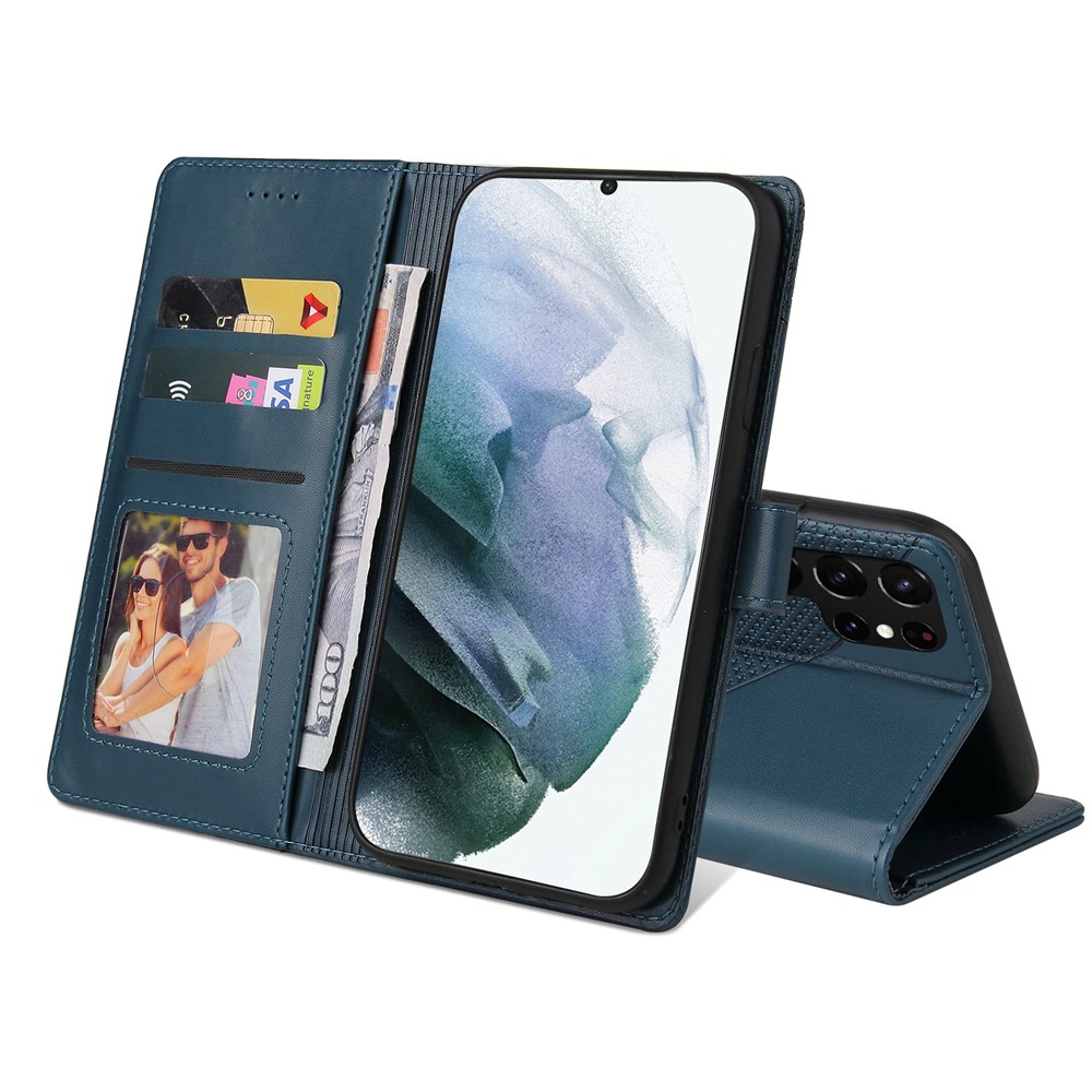 GQ.UTROBE 009 Series Splicing PU Leather + TPU Phone Cover Stand Wallet Case for Samsung Galaxy S22 Ultra 5G - Blue-9