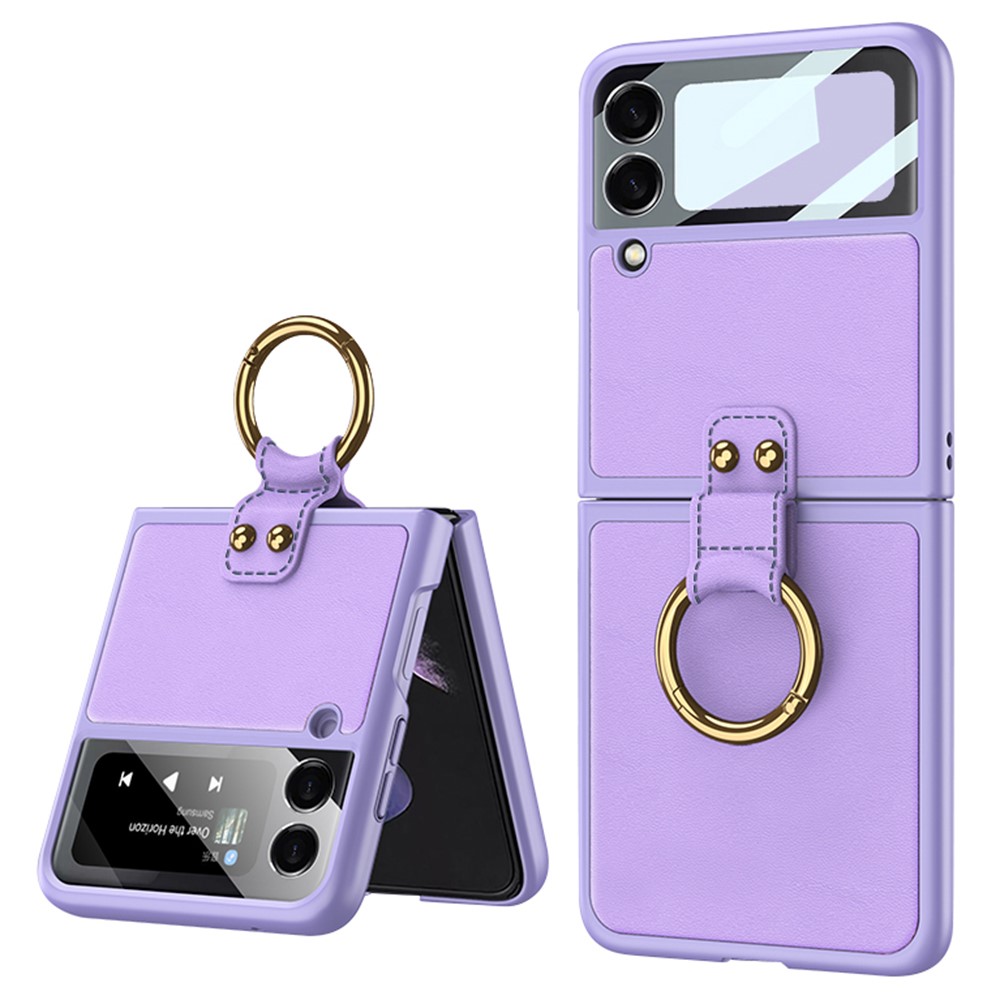 GKK PU Leather + Hard PC Protective Folding Case Built-in Tempered Glass Camera Lens Protector with Ring Holder for Samsung Galaxy Z Fold3 5G - Purple-1
