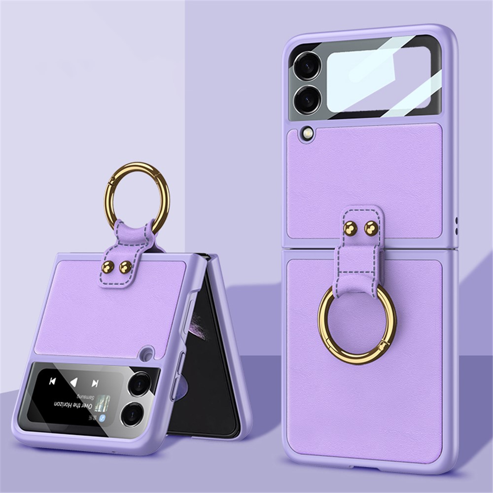 GKK PU Leather + Hard PC Protective Folding Case Built-in Tempered Glass Camera Lens Protector with Ring Holder for Samsung Galaxy Z Fold3 5G - Purple-2