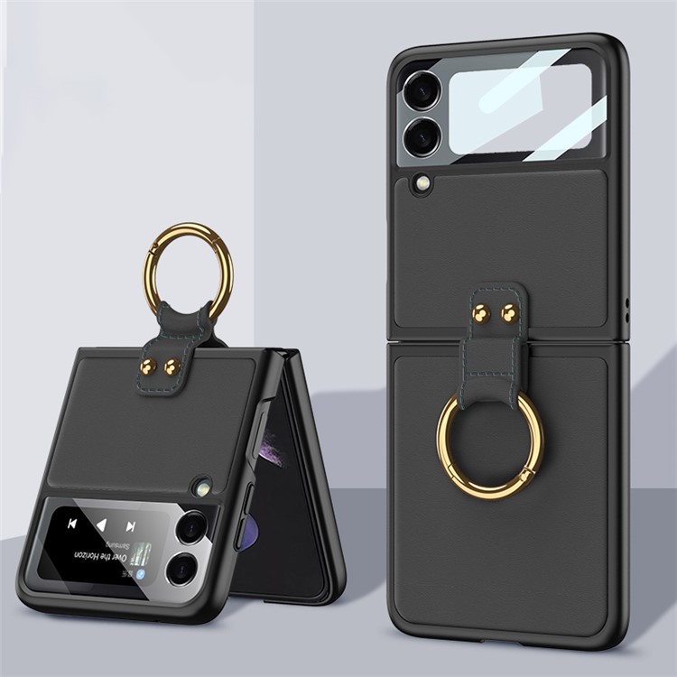 GKK PU Couro Revestido De Pc Dura Caso De Dobragem Protetora Embutida De Vidro Temperado Protetor De Lente De Câmera Com Anel Kickstand Tither Para Samsung Galaxy Z Flip3 5g - Preto-2