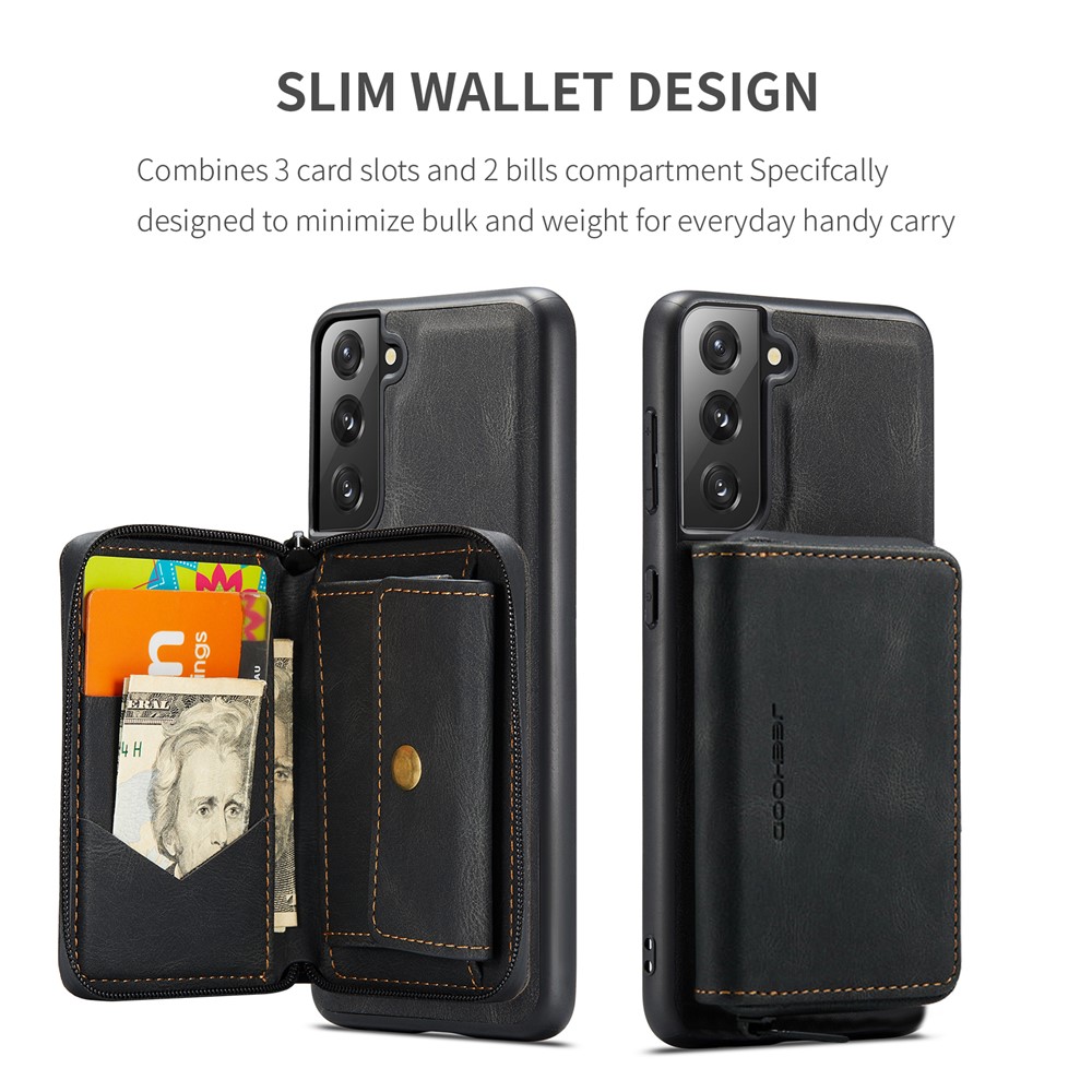 JEEHOOD Detachable 2-in-1 Magnetic Zipper Wallet Leather Coated TPU Phone Case for Samsung Galaxy S22+ 5G - Black-3
