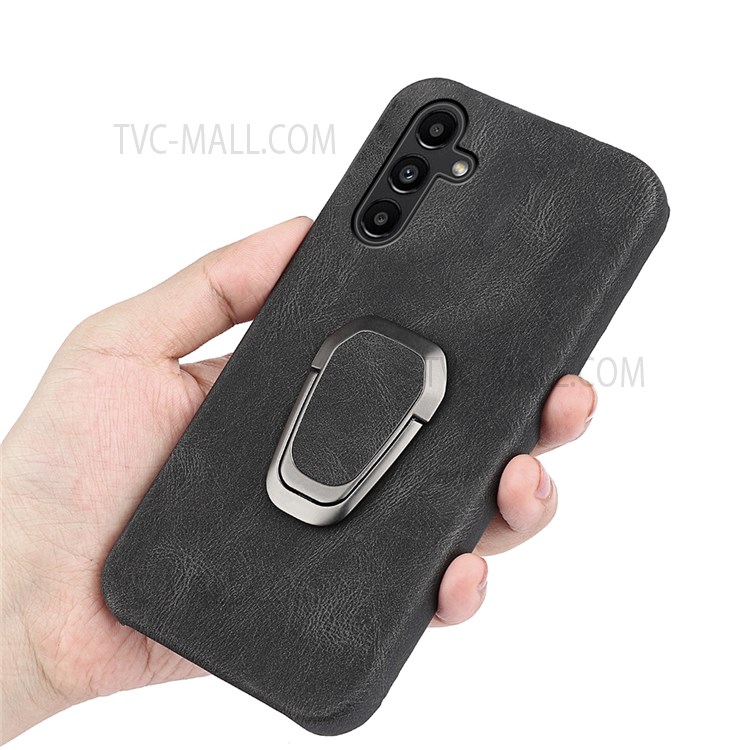 PU Leather Coated PC Protective Cover Scratch Resistant Phone Case with Rotating Ring Kickstand for Samsung Galaxy A13 5G - Black-5