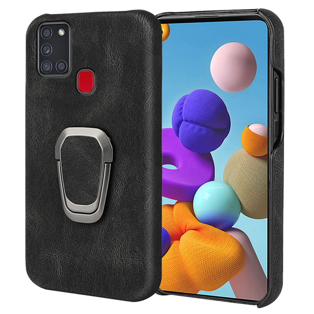 Rotating Ring Kickstand Design Scratch Resistant Phone Case PU Leather Coated PC Protective Cover for Samsung Galaxy A21s - Black-1