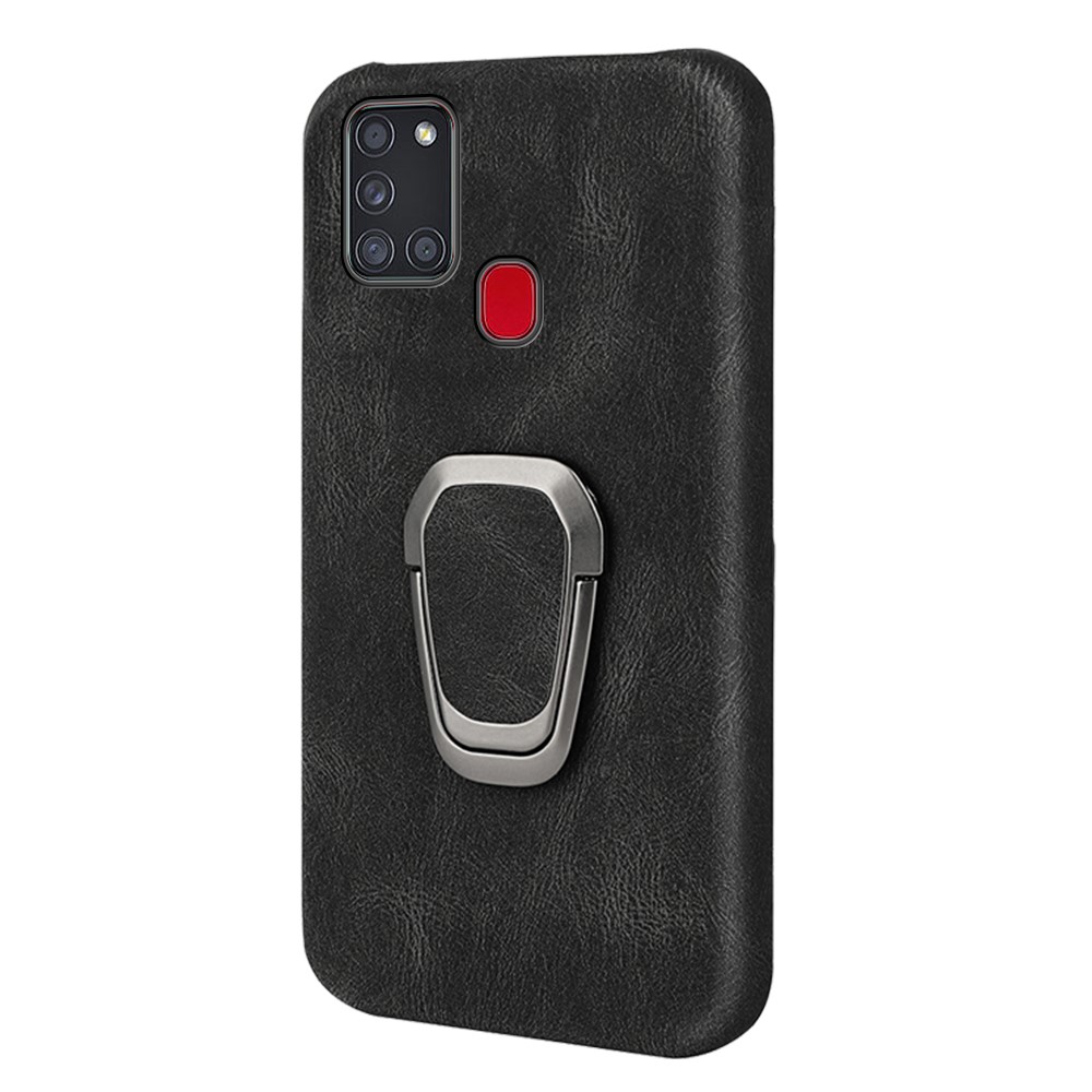 Rotating Ring Kickstand Design Scratch Resistant Phone Case PU Leather Coated PC Protective Cover for Samsung Galaxy A21s - Black-2