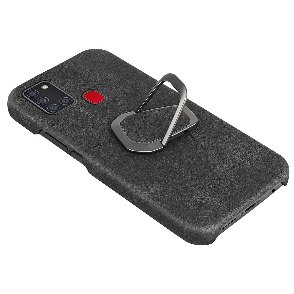 Rotating Ring Kickstand Design Scratch Resistant Phone Case PU Leather Coated PC Protective Cover for Samsung Galaxy A21s - Black-4