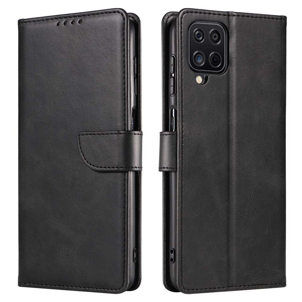 Solid Color Textured PU Leather + TPU Phone Cover Viewing Stand Case with Wallet Function for Samsung Galaxy A12 - Black-1