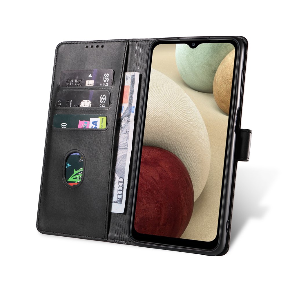 Solid Color Textured PU Leather + TPU Phone Cover Viewing Stand Case with Wallet Function for Samsung Galaxy A12 - Black-4