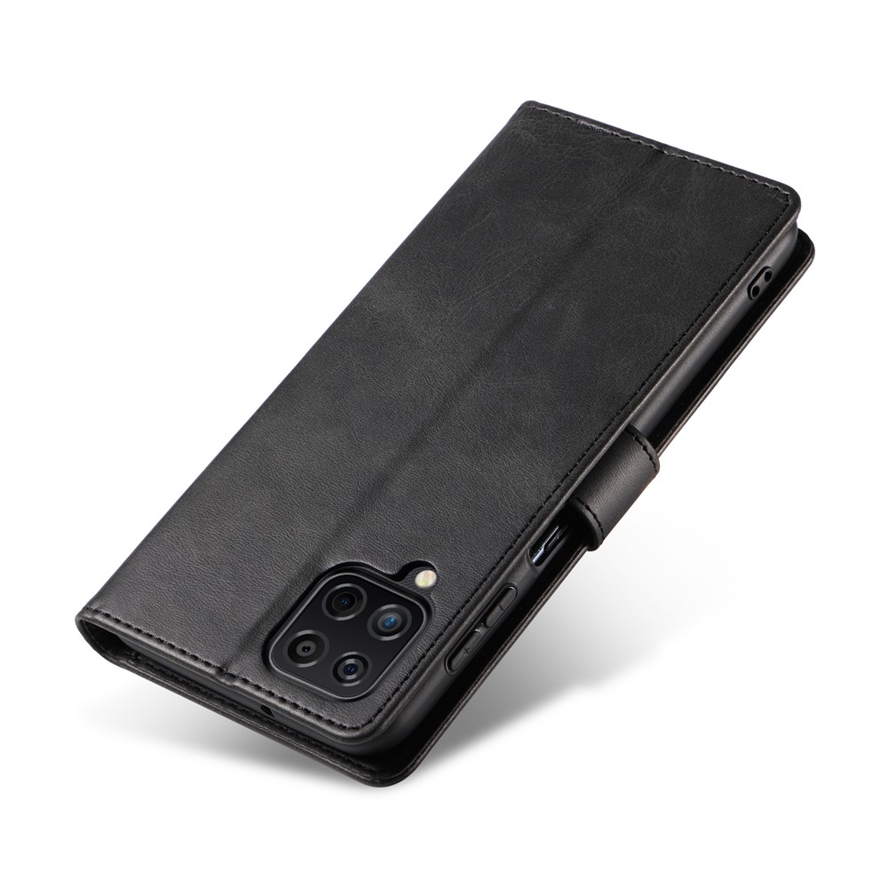 Solid Color Textured PU Leather + TPU Phone Cover Viewing Stand Case with Wallet Function for Samsung Galaxy A12 - Black-6