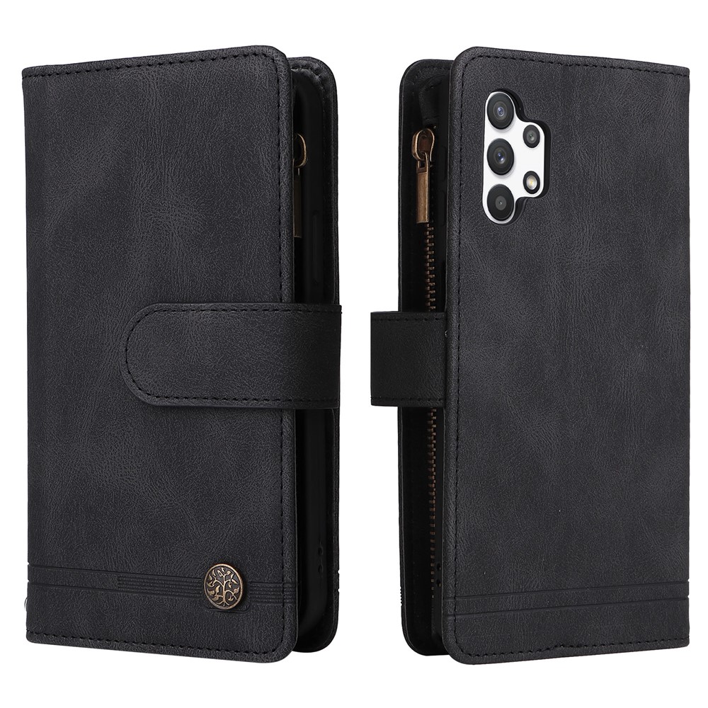 Stripes Imprinted Solid Color Skin-touch Wallet Stand Leather Cover Card Slots Phone Case with Zipper Pocket for Samsung Galaxy A32 5G/M32 5G - Black-1