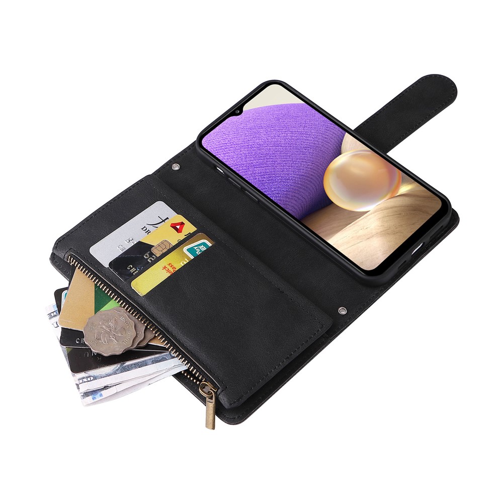 Stripes Imprinted Solid Color Skin-touch Wallet Stand Leather Cover Card Slots Phone Case with Zipper Pocket for Samsung Galaxy A32 5G/M32 5G - Black-10