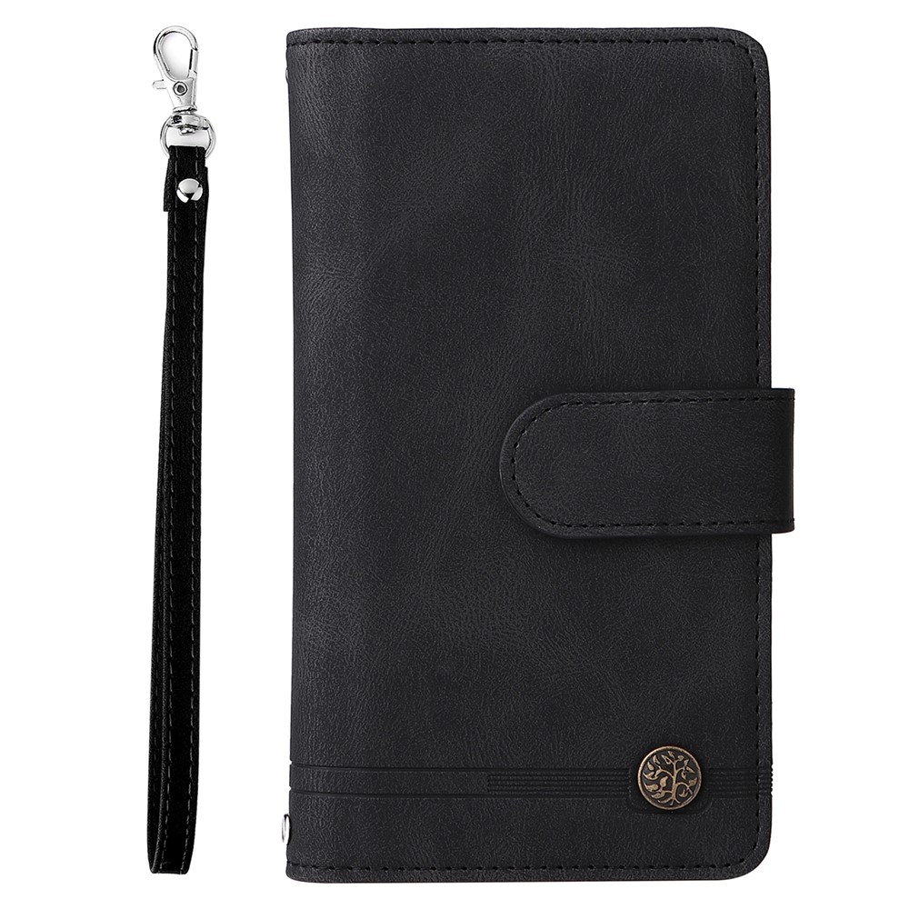 Stripes Imprinted Solid Color Skin-touch Wallet Stand Leather Cover Card Slots Phone Case with Zipper Pocket for Samsung Galaxy A32 5G/M32 5G - Black-2