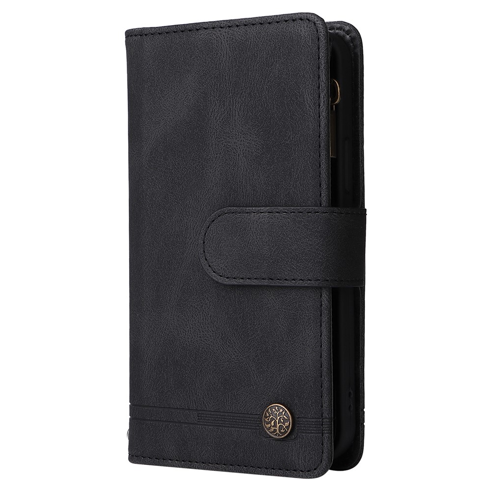 Stripes Imprinted Solid Color Skin-touch Wallet Stand Leather Cover Card Slots Phone Case with Zipper Pocket for Samsung Galaxy A32 5G/M32 5G - Black-3