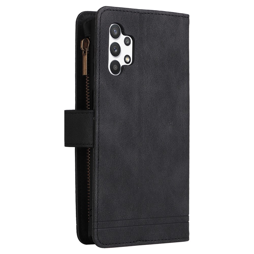 Stripes Imprinted Solid Color Skin-touch Wallet Stand Leather Cover Card Slots Phone Case with Zipper Pocket for Samsung Galaxy A32 5G/M32 5G - Black-4