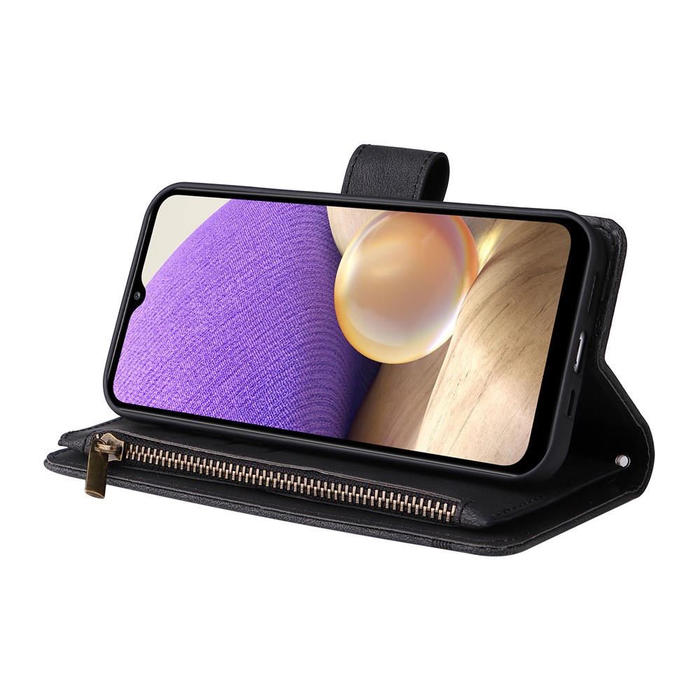 Stripes Imprinted Solid Color Skin-touch Wallet Stand Leather Cover Card Slots Phone Case with Zipper Pocket for Samsung Galaxy A32 5G/M32 5G - Black-5
