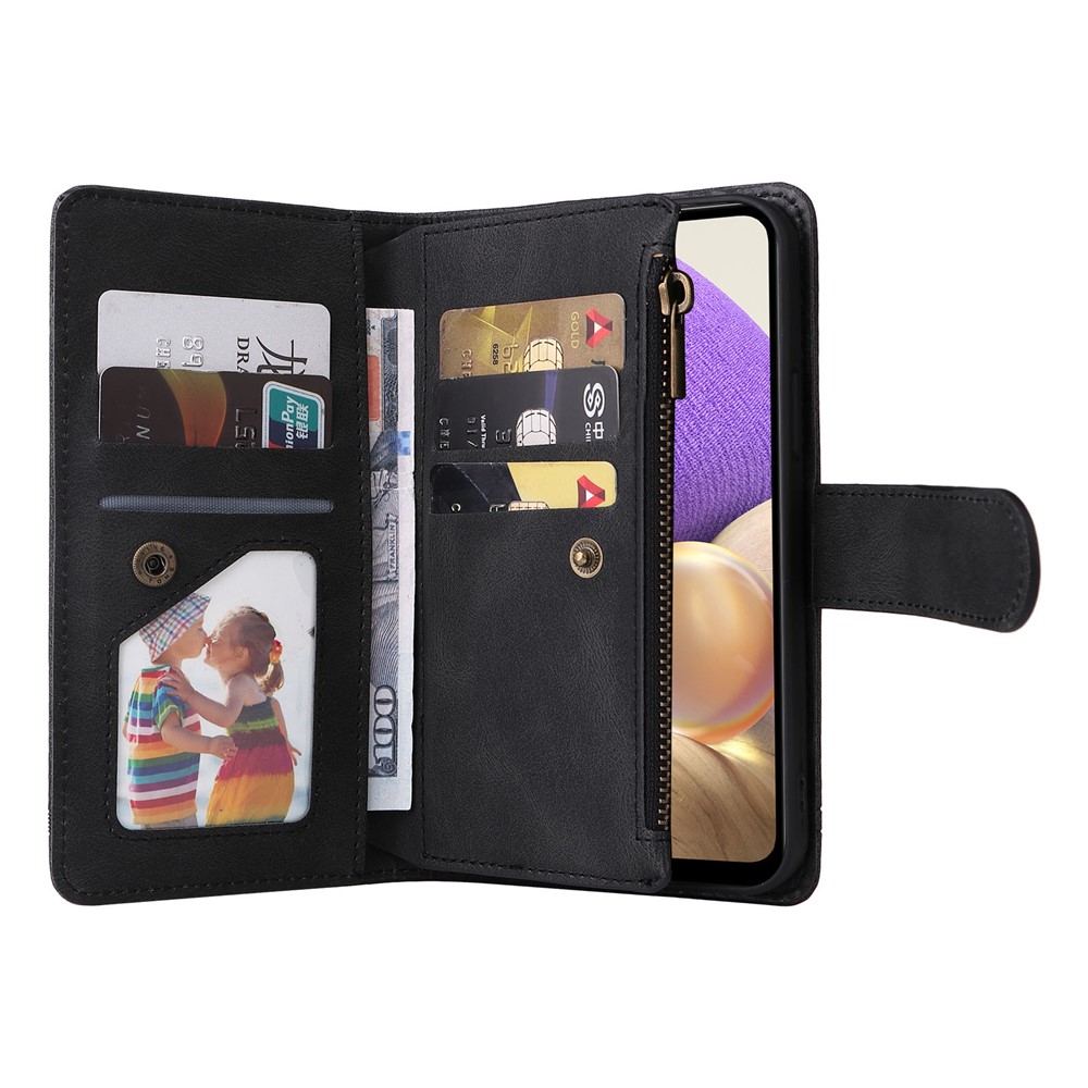 Stripes Imprinted Solid Color Skin-touch Wallet Stand Leather Cover Card Slots Phone Case with Zipper Pocket for Samsung Galaxy A32 5G/M32 5G - Black-7