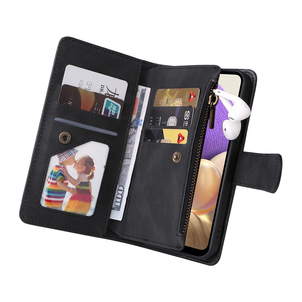 Stripes Imprinted Solid Color Skin-touch Wallet Stand Leather Cover Card Slots Phone Case with Zipper Pocket for Samsung Galaxy A32 5G/M32 5G - Black-8