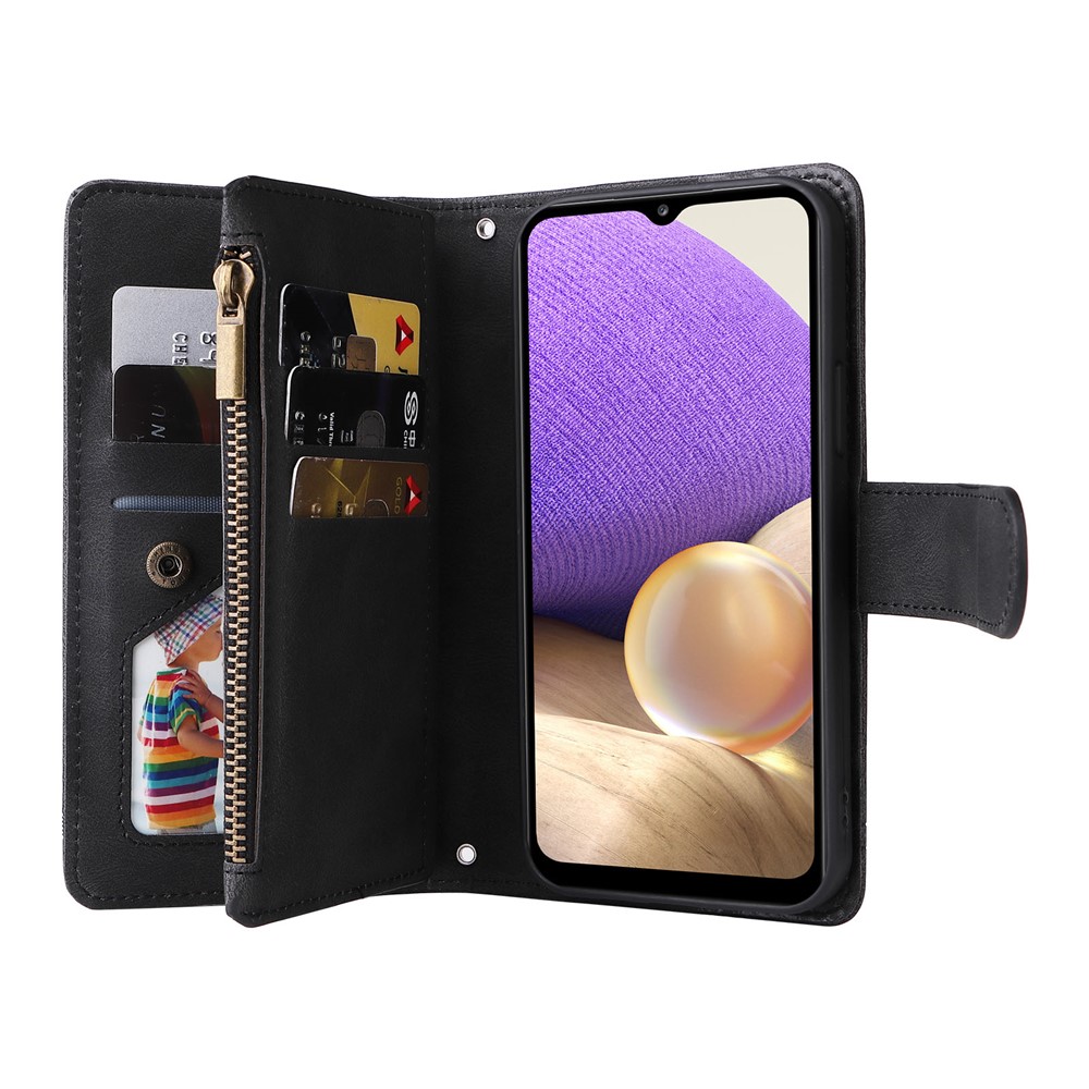 Stripes Imprinted Solid Color Skin-touch Wallet Stand Leather Cover Card Slots Phone Case with Zipper Pocket for Samsung Galaxy A32 5G/M32 5G - Black-9