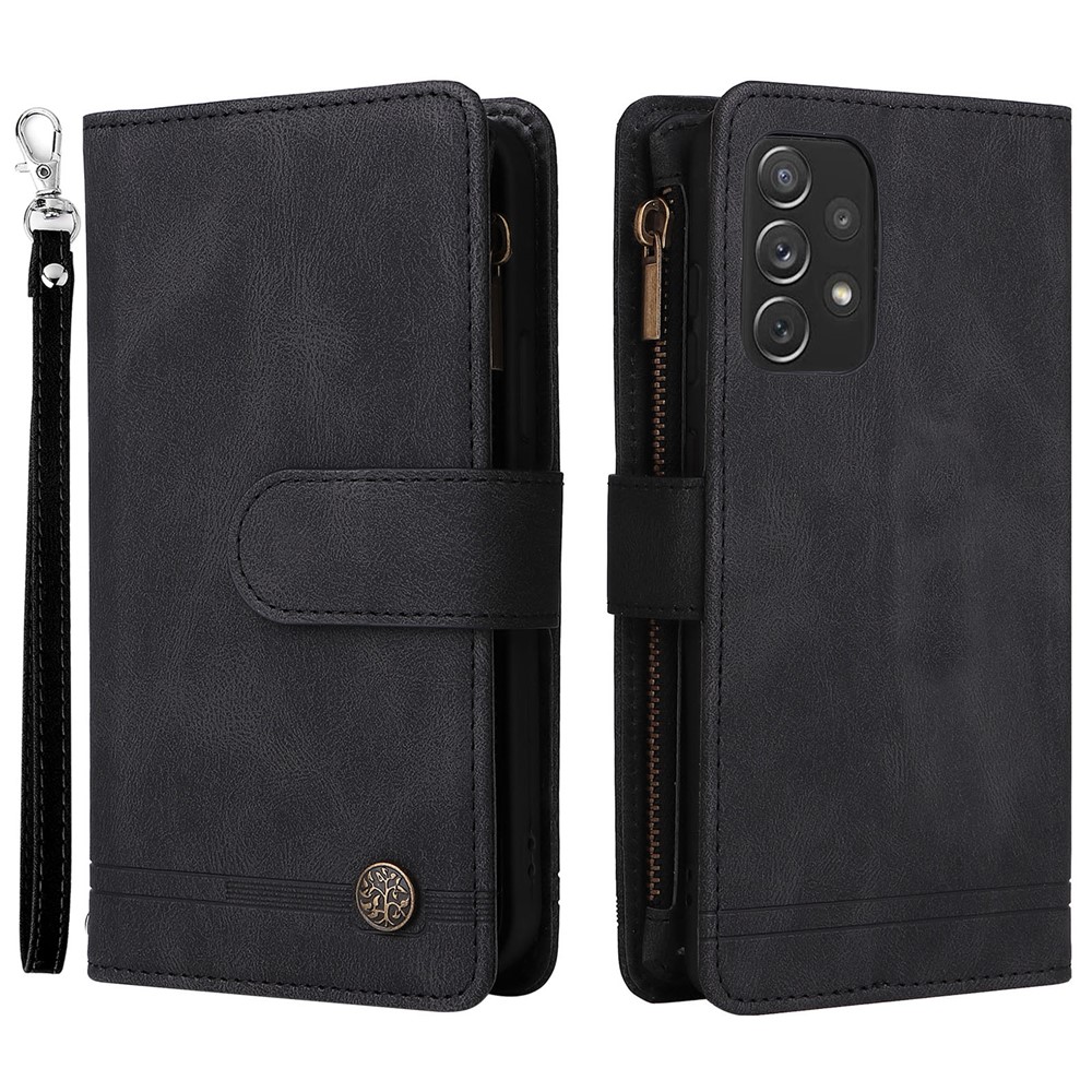 Stripes Imprinted Skin-touch Wallet Stand All-round Shockproof Leather Cover Card Slots Phone Case with Zipper Pocket for Samsung Galaxy A72 4G/5G - Black-1