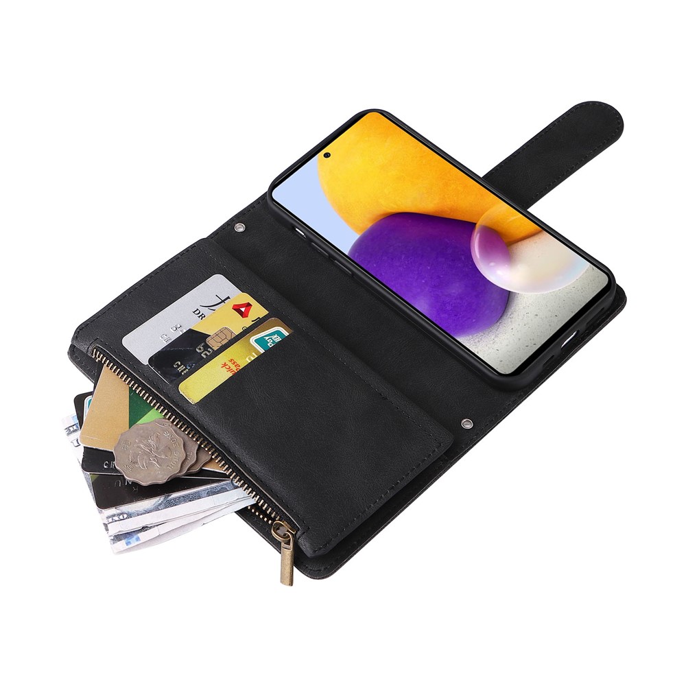 Stripes Imprinted Skin-touch Wallet Stand All-round Shockproof Leather Cover Card Slots Phone Case with Zipper Pocket for Samsung Galaxy A72 4G/5G - Black-10