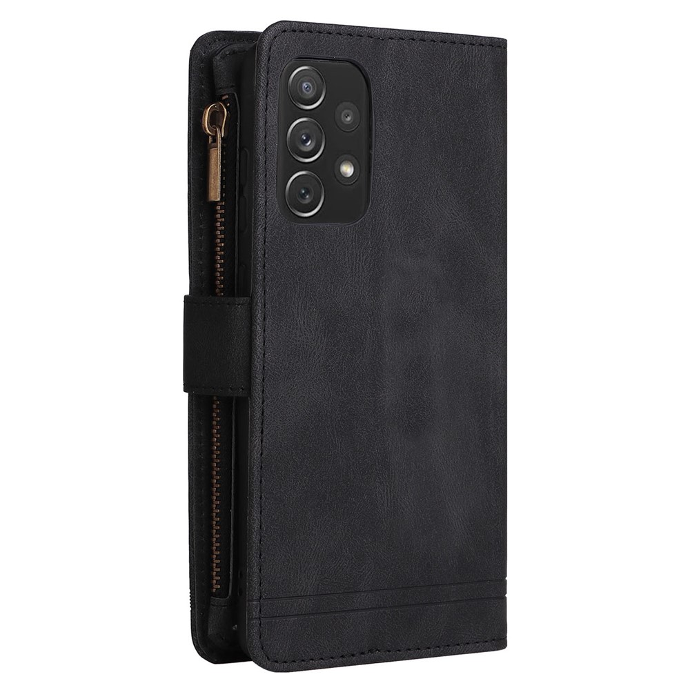 Stripes Imprinted Skin-touch Wallet Stand All-round Shockproof Leather Cover Card Slots Phone Case with Zipper Pocket for Samsung Galaxy A72 4G/5G - Black-4