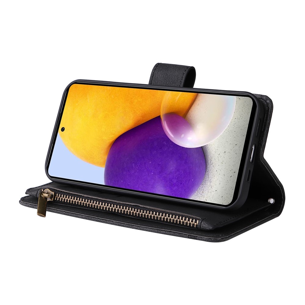 Stripes Imprinted Skin-touch Wallet Stand All-round Shockproof Leather Cover Card Slots Phone Case with Zipper Pocket for Samsung Galaxy A72 4G/5G - Black-5