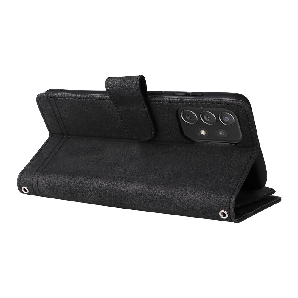 Stripes Imprinted Skin-touch Wallet Stand All-round Shockproof Leather Cover Card Slots Phone Case with Zipper Pocket for Samsung Galaxy A72 4G/5G - Black-6