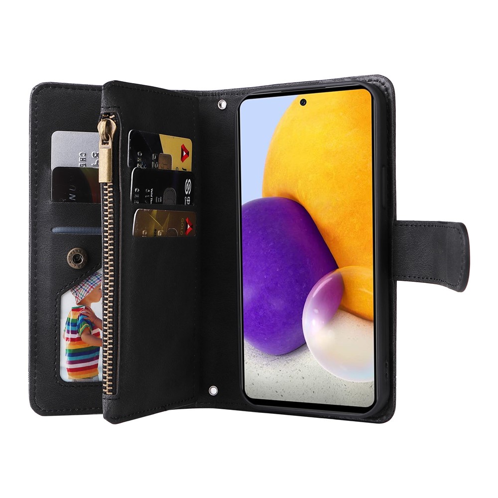 Stripes Imprinted Skin-touch Wallet Stand All-round Shockproof Leather Cover Card Slots Phone Case with Zipper Pocket for Samsung Galaxy A72 4G/5G - Black-9