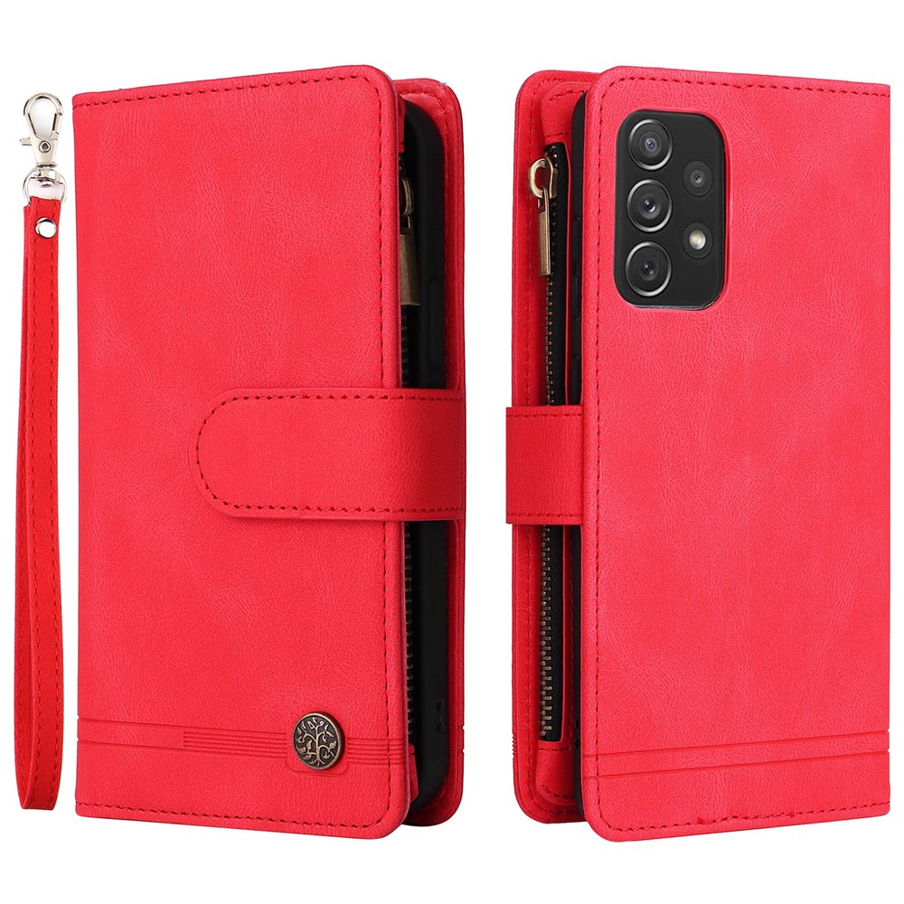 Stripes Imprinted Skin-touch Wallet Stand All-round Shockproof Leather Cover Card Slots Phone Case with Zipper Pocket for Samsung Galaxy A72 4G/5G - Red