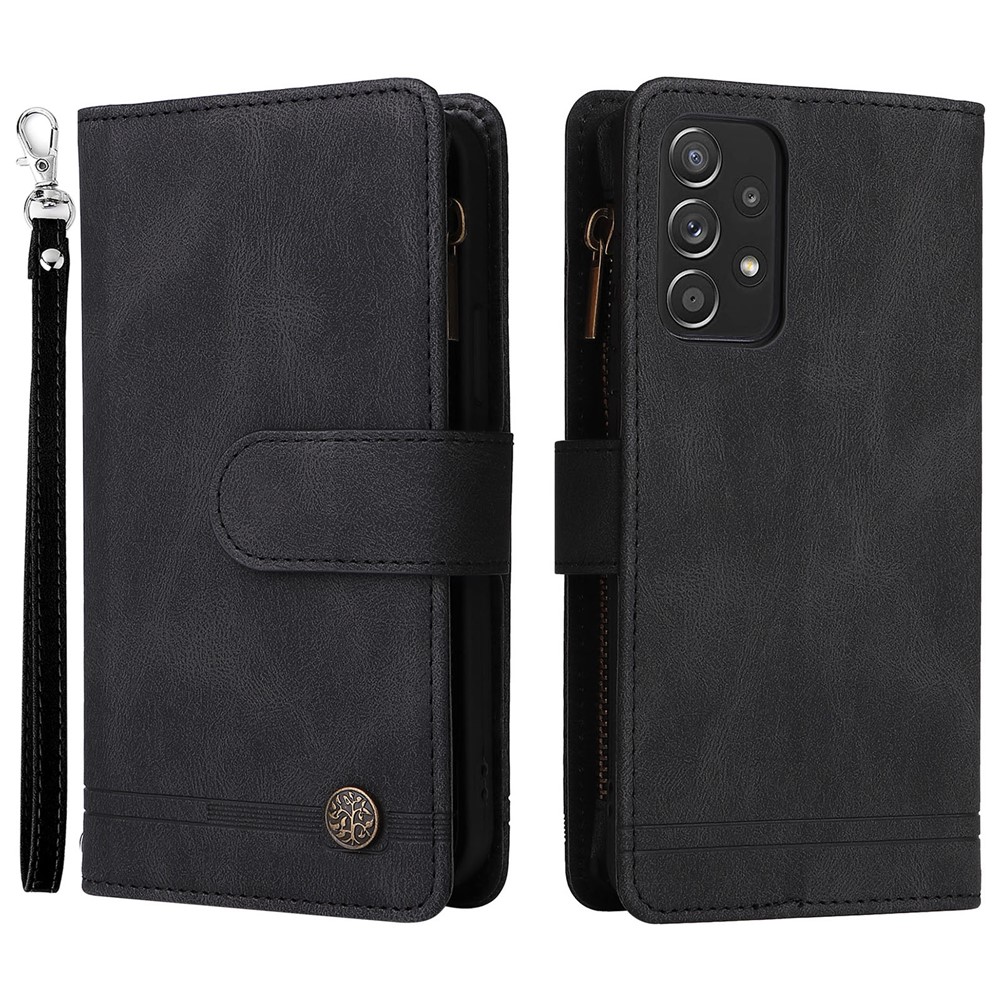 Scratch-proof Stripes Imprinted Skin-touch Wallet Stand Leather Cover Card Slots Phone Case with Zipper Pocket for Samsung Galaxy A52 4G/5G/A52s 5G - Black-1