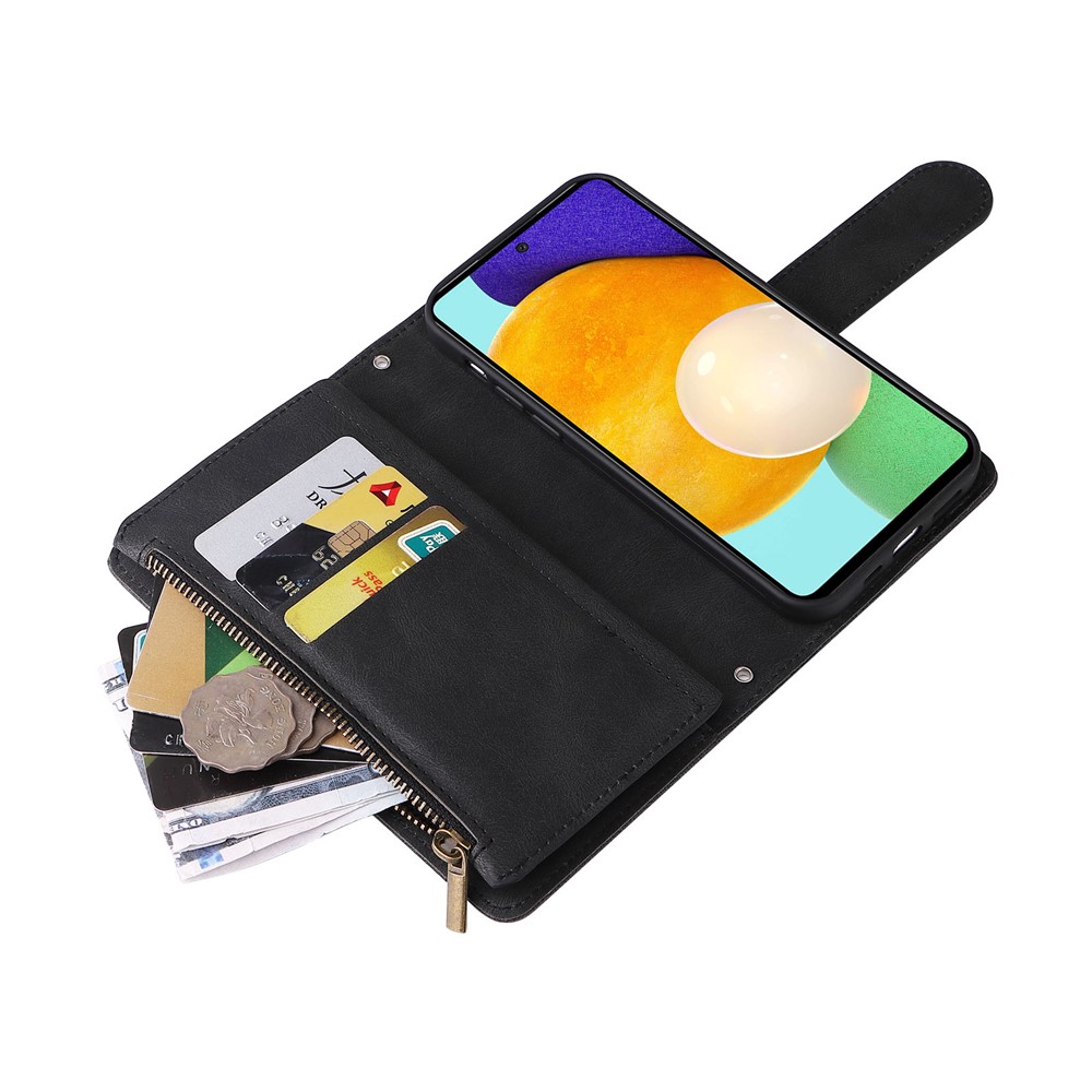 Scratch-proof Stripes Imprinted Skin-touch Wallet Stand Leather Cover Card Slots Phone Case with Zipper Pocket for Samsung Galaxy A52 4G/5G/A52s 5G - Black-10