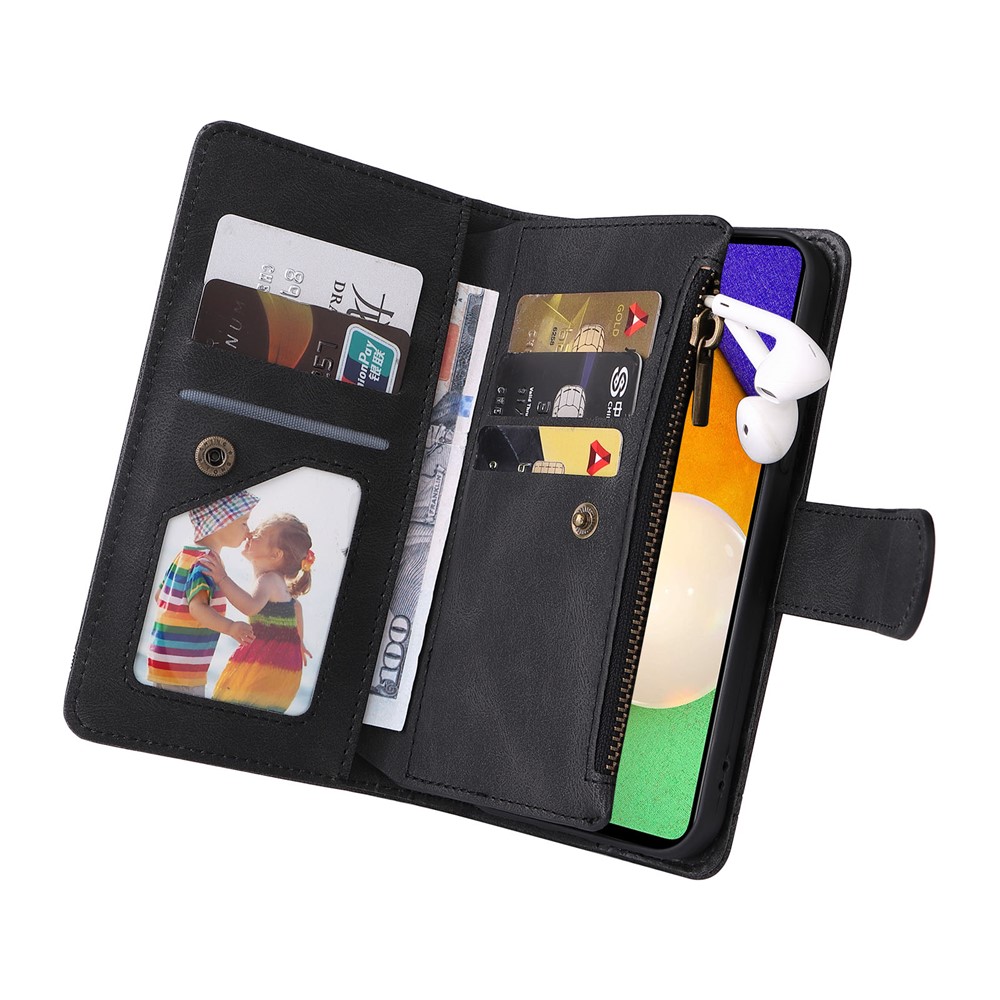 Scratch-proof Stripes Imprinted Skin-touch Wallet Stand Leather Cover Card Slots Phone Case with Zipper Pocket for Samsung Galaxy A52 4G/5G/A52s 5G - Black-8