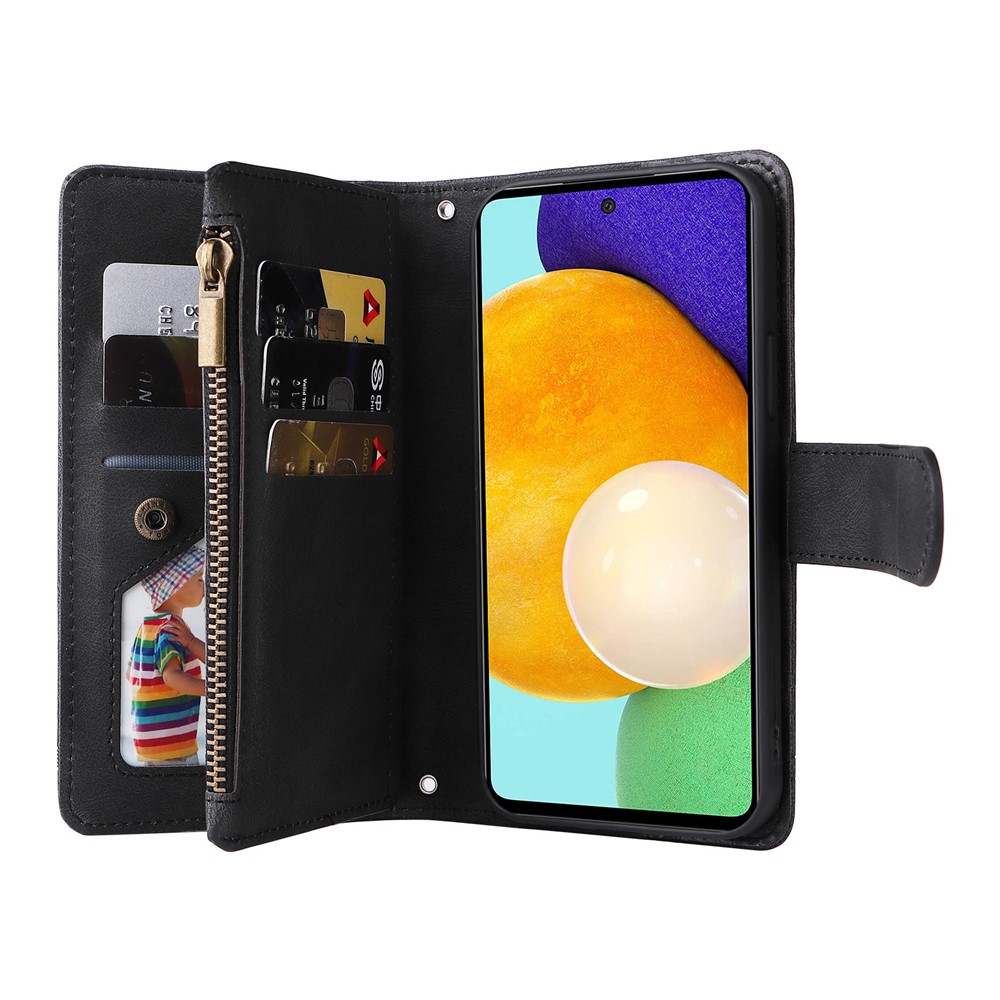 Scratch-proof Stripes Imprinted Skin-touch Wallet Stand Leather Cover Card Slots Phone Case with Zipper Pocket for Samsung Galaxy A52 4G/5G/A52s 5G - Black-9