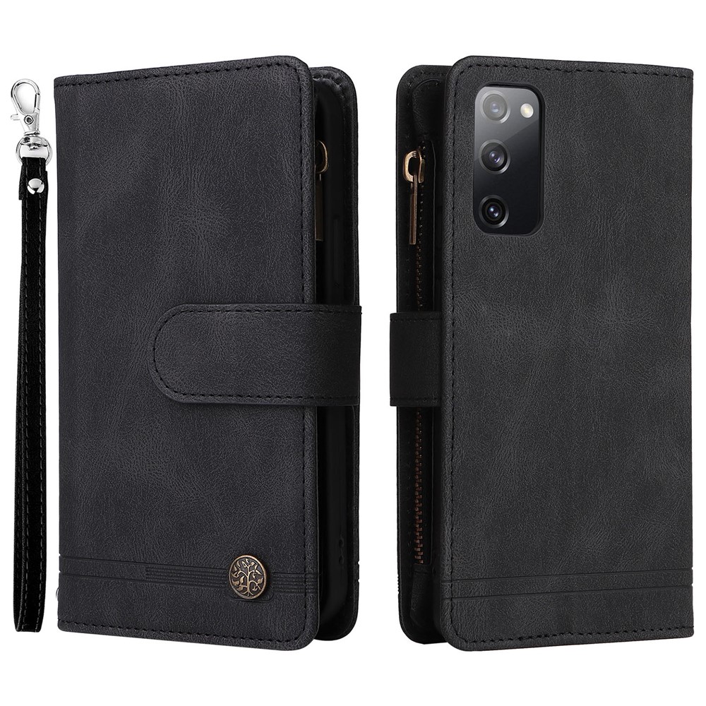 Full Protection Stripes Imprinted Skin-touch Wallet Stand Leather Cover Card Slots Phone Case with Zipper Pocket for Samsung Galaxy S20 FE 4G/5G/S20 Lite - Black-1