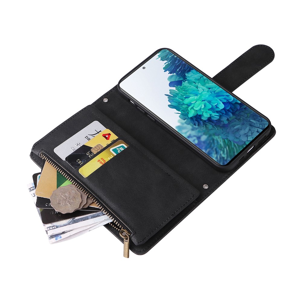 Full Protection Stripes Imprinted Skin-touch Wallet Stand Leather Cover Card Slots Phone Case with Zipper Pocket for Samsung Galaxy S20 FE 4G/5G/S20 Lite - Black-10