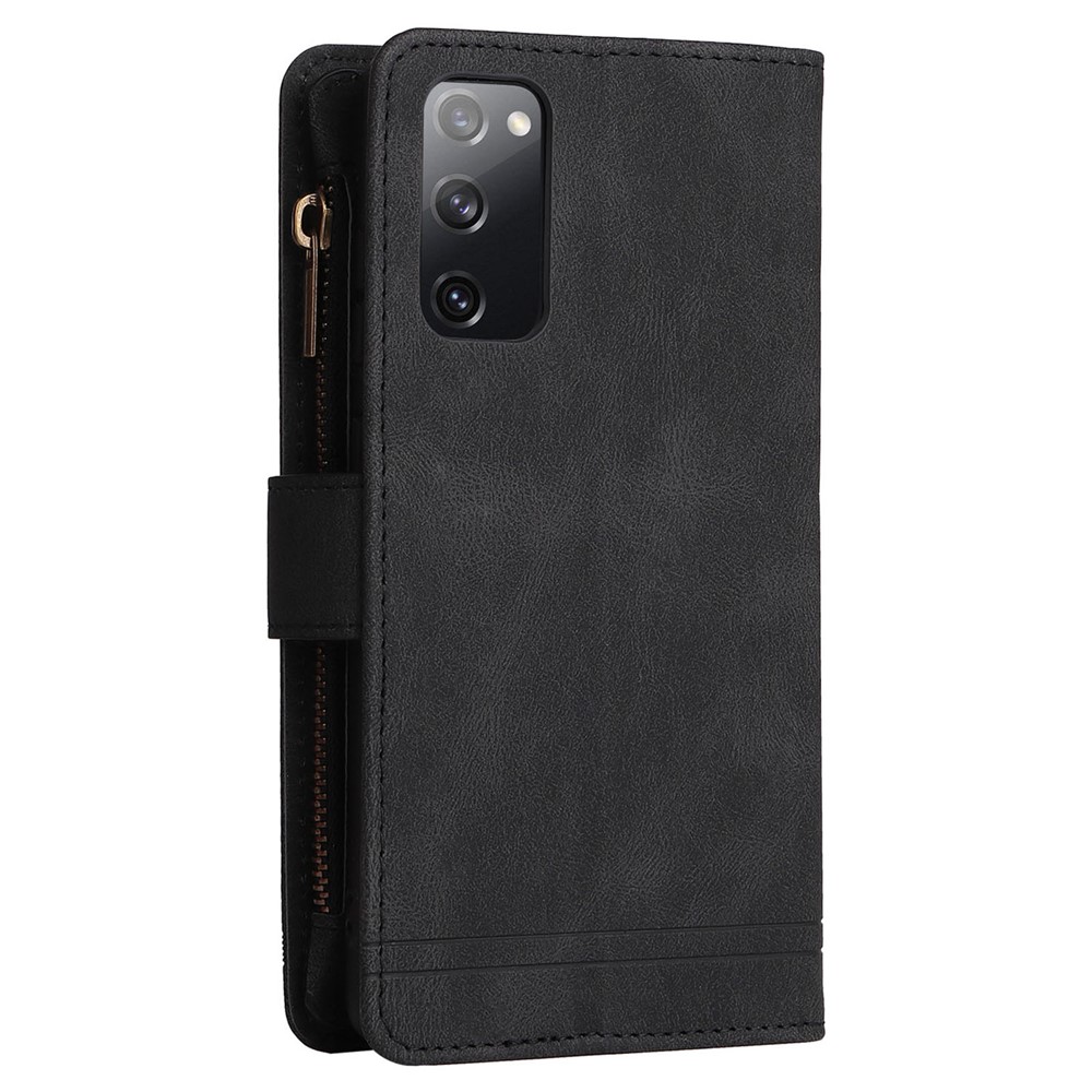 Full Protection Stripes Imprinted Skin-touch Wallet Stand Leather Cover Card Slots Phone Case with Zipper Pocket for Samsung Galaxy S20 FE 4G/5G/S20 Lite - Black-4