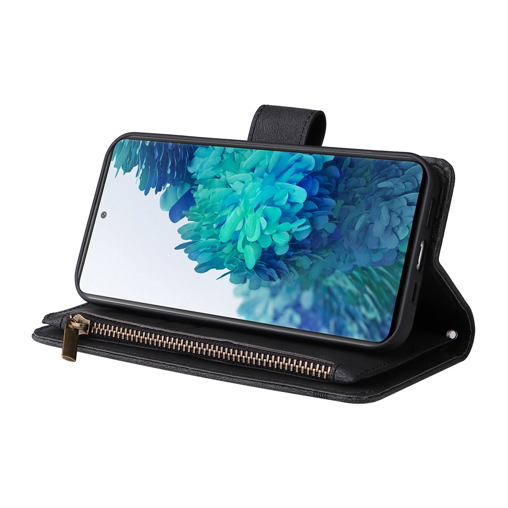 Full Protection Stripes Imprinted Skin-touch Wallet Stand Leather Cover Card Slots Phone Case with Zipper Pocket for Samsung Galaxy S20 FE 4G/5G/S20 Lite - Black-5