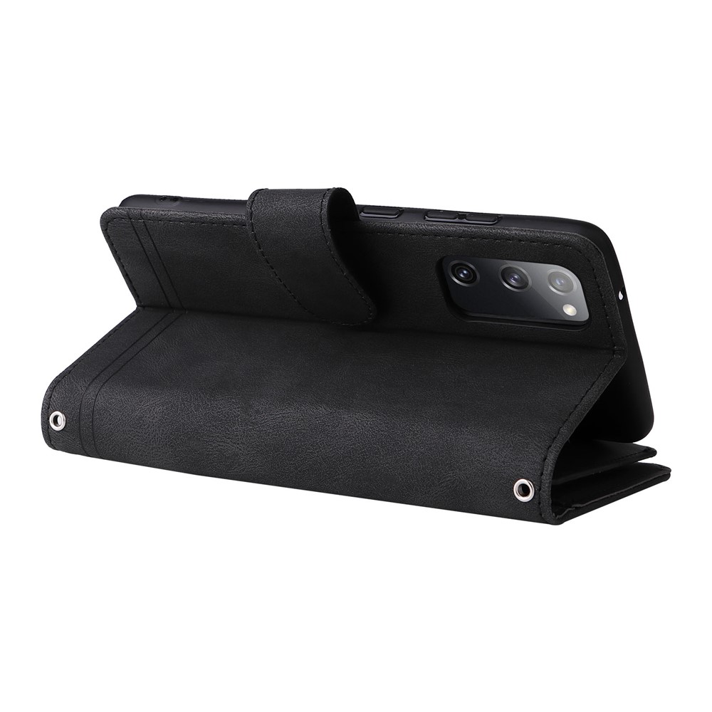 Full Protection Stripes Imprinted Skin-touch Wallet Stand Leather Cover Card Slots Phone Case with Zipper Pocket for Samsung Galaxy S20 FE 4G/5G/S20 Lite - Black-6