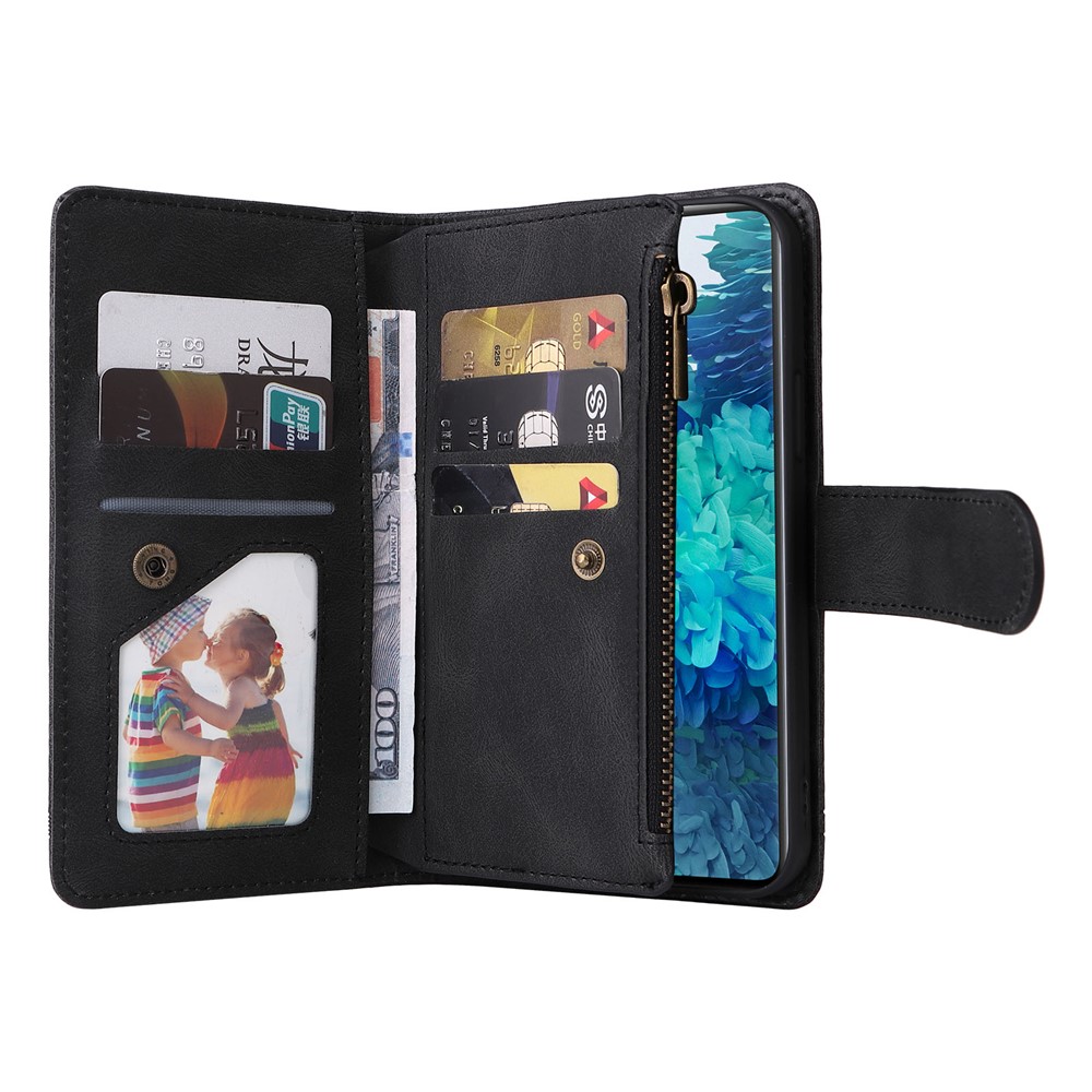 Full Protection Stripes Imprinted Skin-touch Wallet Stand Leather Cover Card Slots Phone Case with Zipper Pocket for Samsung Galaxy S20 FE 4G/5G/S20 Lite - Black-7