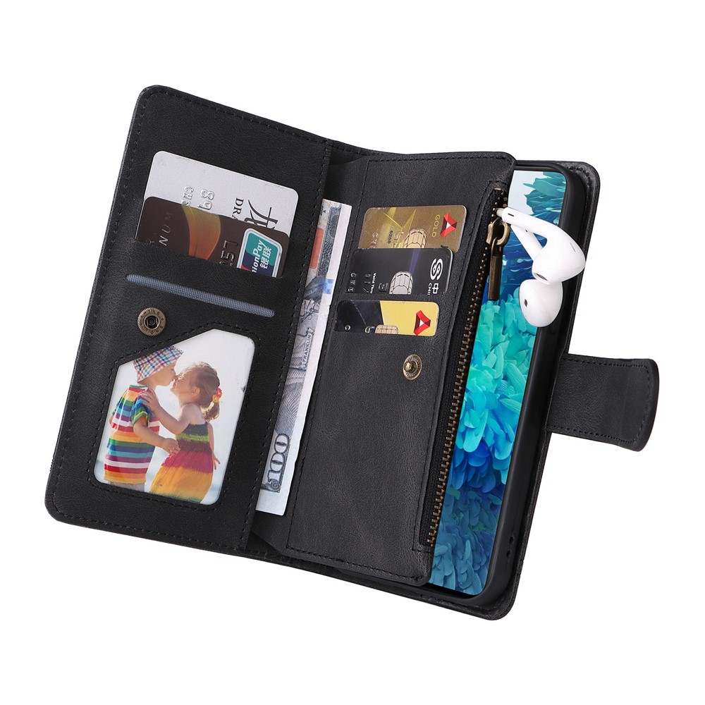 Full Protection Stripes Imprinted Skin-touch Wallet Stand Leather Cover Card Slots Phone Case with Zipper Pocket for Samsung Galaxy S20 FE 4G/5G/S20 Lite - Black-8
