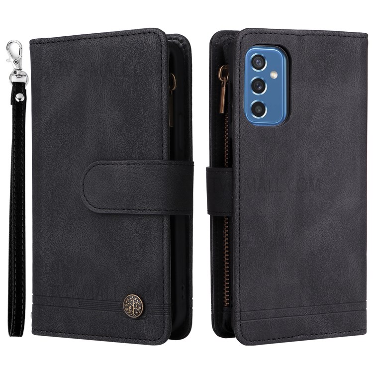 Imprinting Stripes Stand Leather Case Zipper Pocket Card Slots Phone Cover with Strap for Samsung Galaxy M52 5G - Black-1