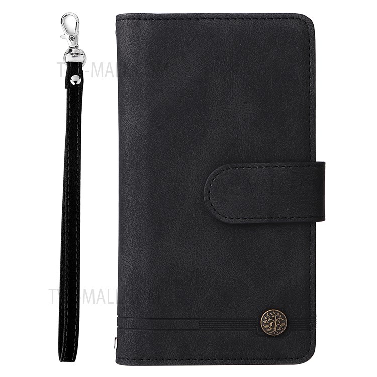Imprinting Stripes Stand Leather Case Zipper Pocket Card Slots Phone Cover with Strap for Samsung Galaxy M52 5G - Black-2