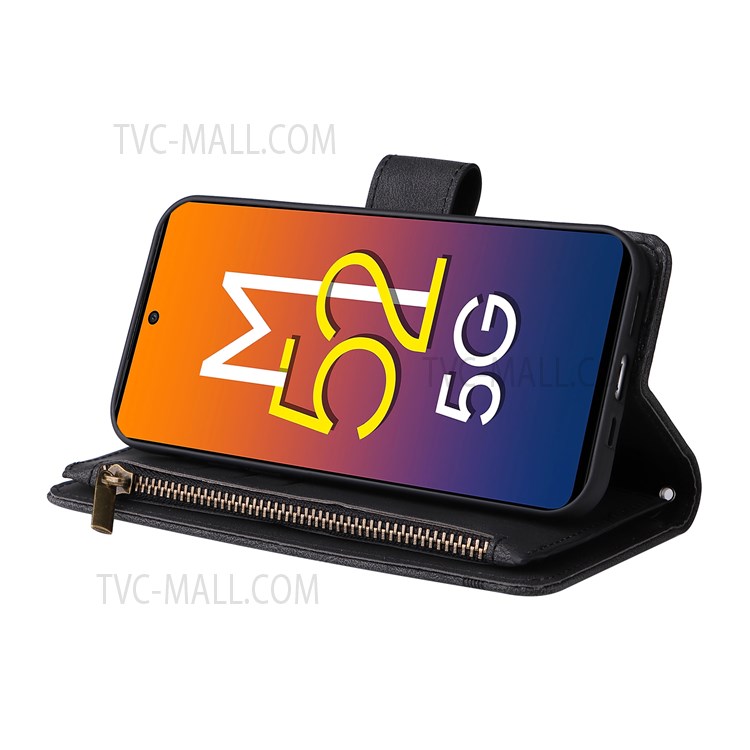 Imprinting Stripes Stand Leather Case Zipper Pocket Card Slots Phone Cover with Strap for Samsung Galaxy M52 5G - Black-4
