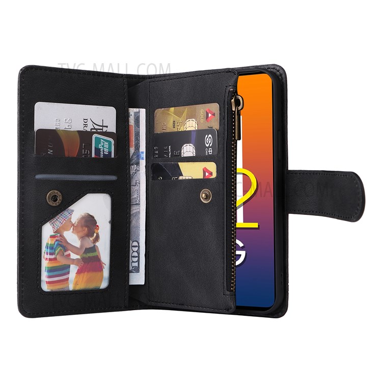 Imprinting Stripes Stand Leather Case Zipper Pocket Card Slots Phone Cover with Strap for Samsung Galaxy M52 5G - Black-6